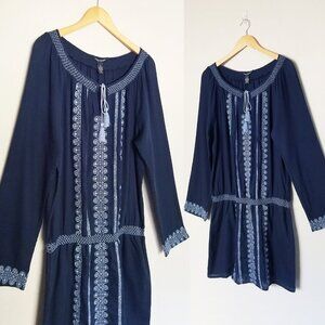 Lucky Brand Embroidered Mini Peasant Dress Long Sleeve Drop Waist Blue XL Cotton